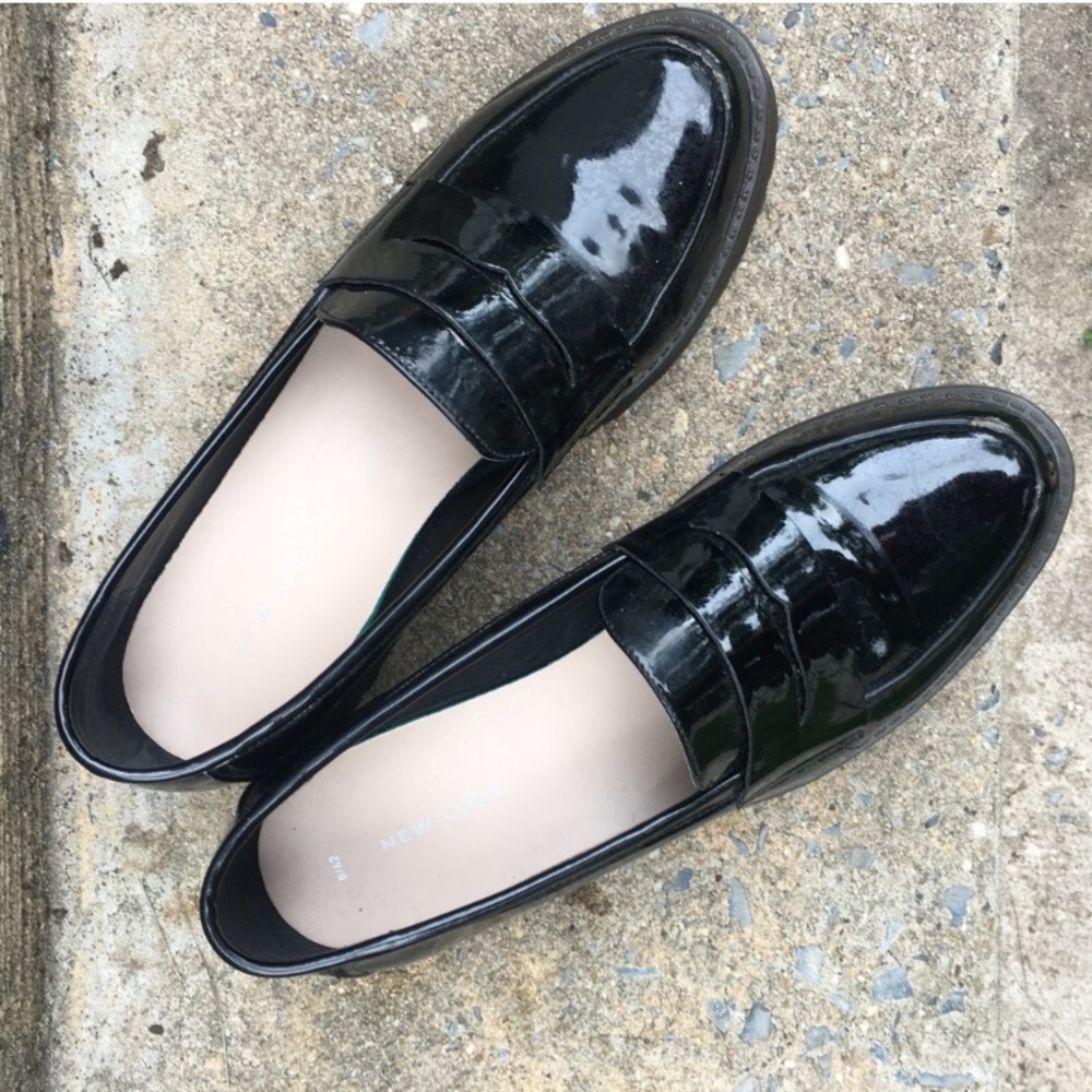 Black patent platform loafers
